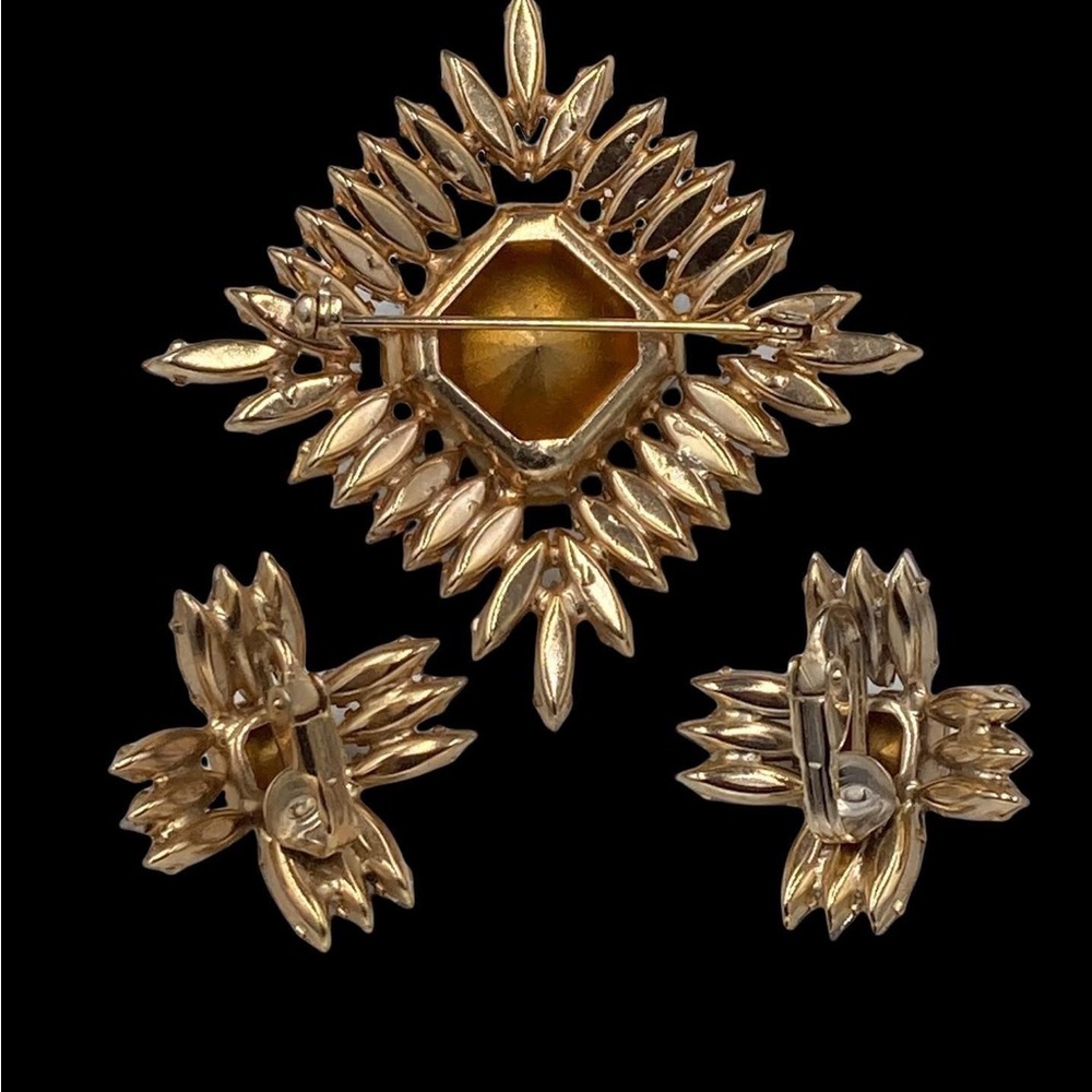 Vintage Austria Smoky Blue Square Rivoli Rhinestone Brooch Earring Set - Picture 5 of 8